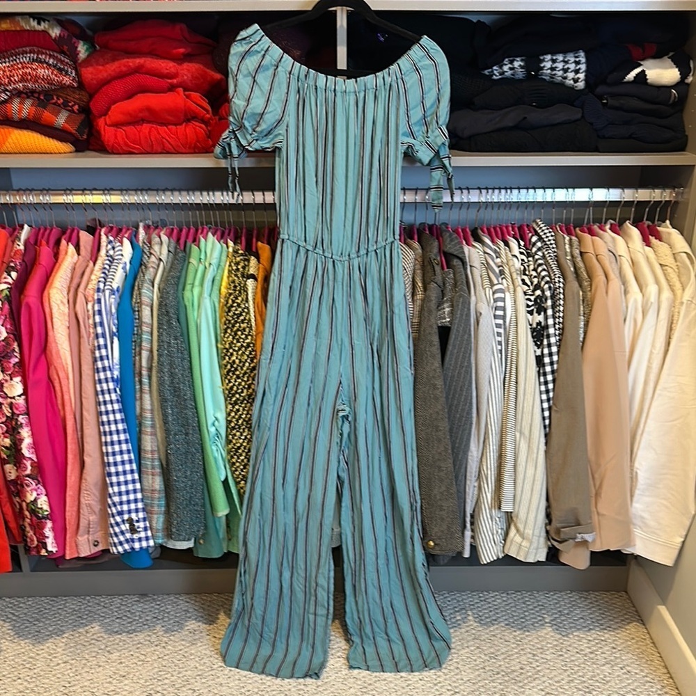 Band of Gypsies dark sage/navy stripe short sleeve 2 pocket jumpsuit size XS NWT